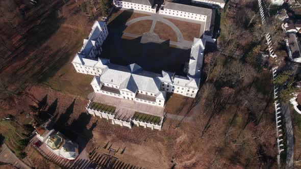 Front Aerial View of the Vyshnivets Palace Ukraine in Autumn