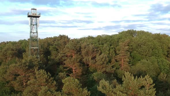 Steel watchtower and vast majestic forest landscape, aerial reveal shot