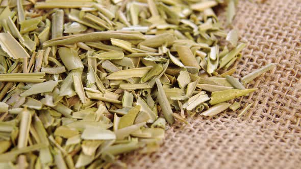 Dry olive leaves on a rustic rough burlap. Healthy herbal tea crushed ingredient. Macro