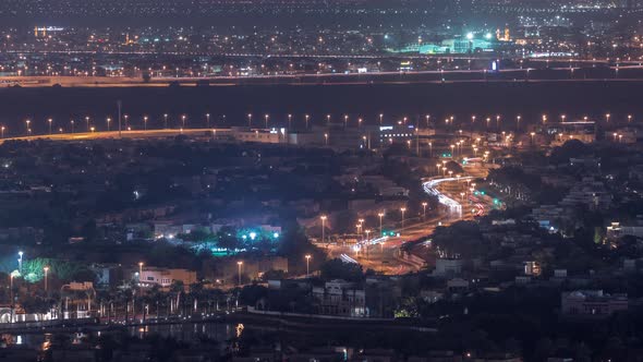 Aerial View of Apartment Houses and Villas in Dubai City Night Timelapse United Arab Emirates