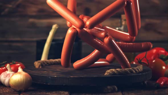 Super Slow Motion Bunch of Sausages Falls on a Wooden Tray