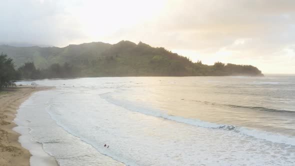 Hanalei Bay Waioli Beach Shore Aerial Rising Up Above Cinematic Shot