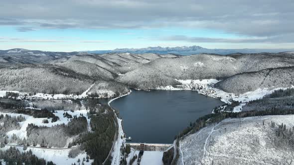 Aerial view of the Palcmanska Masa reservoir in the village of Dedinky in Slovakia