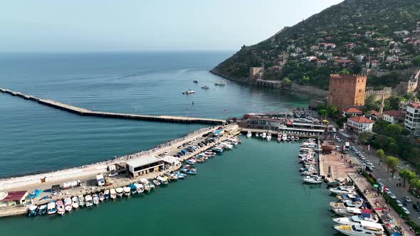 Red Tower in Alanya aerial view 4 K