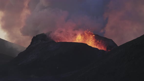 Molten Lava And Smoke Erupting From Fagradalsfjall Volcano