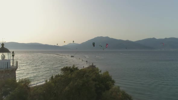 Aerial view of group doing windsurfing in the Gulf of Patras, Greece.