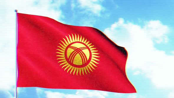 Abstract Waving Red and Golden Kirghizia Flag on a Blue Cloudy Sky Background