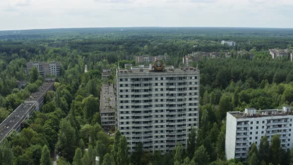 Soviet Coat of Arms on a Highrise Building Aerial View