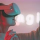 Movement of a young woman wearing vr goggles with a neon imagine sign in the background - VideoHive Item for Sale