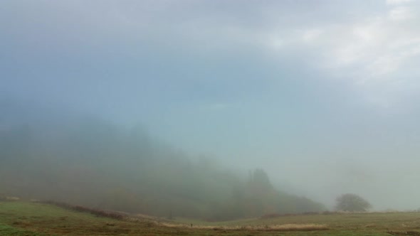 Morning Mist Over the Valley Among the Mountains in the Sunlight. Fog and Beautiful Nature of