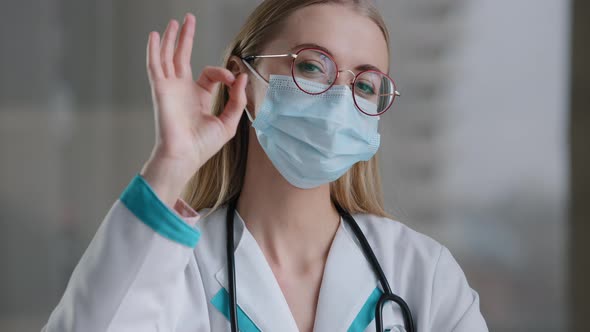 Portrait Caucasian Doctor Specialist Therapist Nurse Surgeon Woman Girl in Glasses in Medical