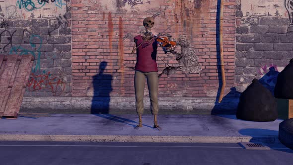 Skeleton playing Violin in Street