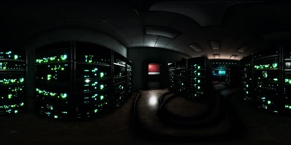 VR360 Futuristic Dark Data Center with Metal and Lights