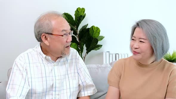 Portrait of Asian senior family and a young caregiver sitting on a chair in a living room