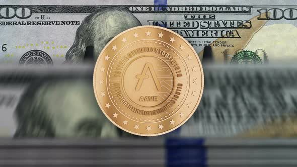 Aave altcoin cryptocurrency coins over Dollar banknotes loop