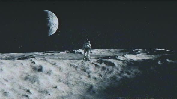 An Astronaut Stands on the Surface of the Moon Among Craters Against the Backdrop of the Planet