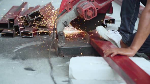 Sparks during cutting of metal angle grinder.