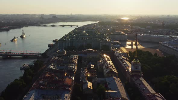 Aerial Morning Cityscape with Warships in the Waters of the Neva River Before the Holiday of the