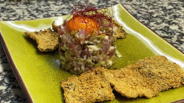 Tuna tartare ready to eat close up