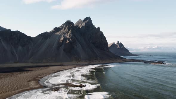 Drone Above Tide And Beach With View Of Vestrahorn