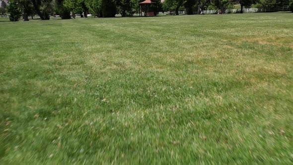 Fly across a large field of green grass showing a bowery in the middle of the park.