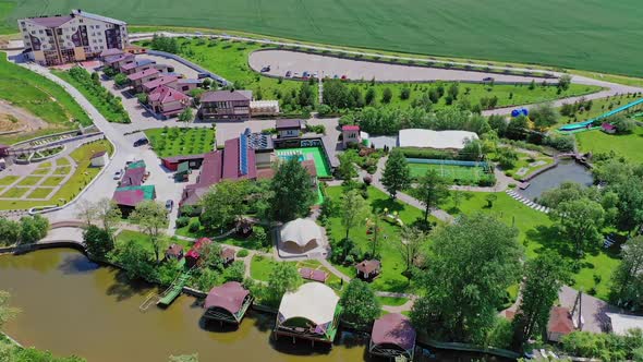 Aerial view of typical resort complex in suburban