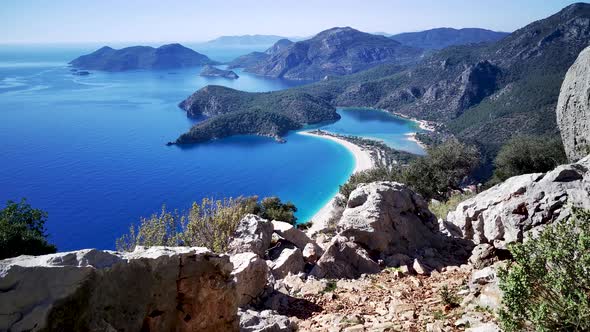 Amazing beautiful panoramic view from drone of Oludeniz Blue lagoon beach in Fethiye in Mugla