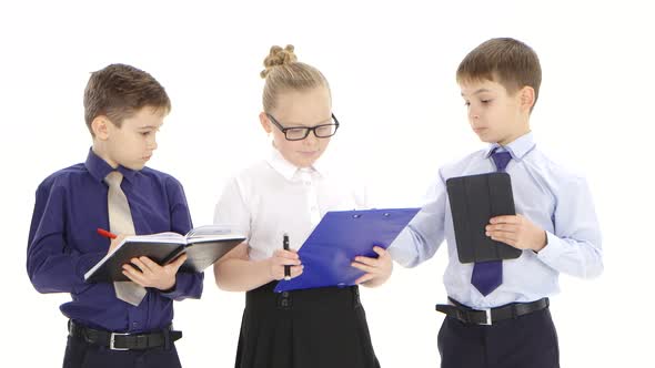 Businesswoman Girl Gives Orders To Her Subordinate Boys, White Background