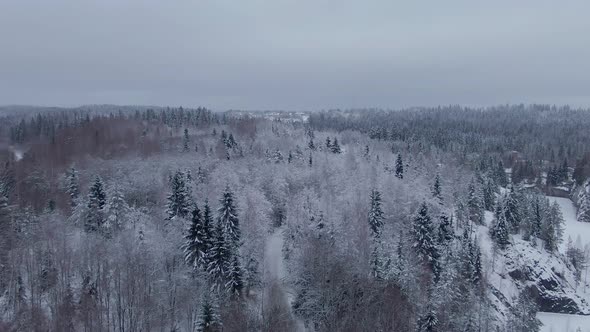 Beautiful Winter Aerial Footage of Ruskeala Mountain Park in Karelia in