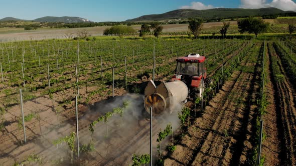 Aerial view of Farming tractor spraying on vineyards garden with sprayer, herbicides and pesticides.