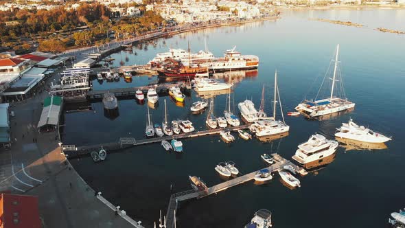 Aerial View of City Marina Bay with Ships, Boats and Yachts Near Sea Pier in Paphos Cyprus City