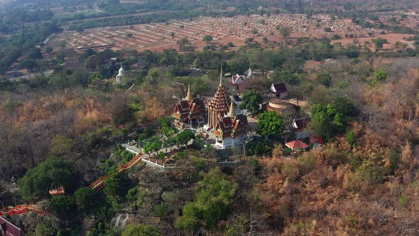 Aerial View of Wat Khao Phra Si Sanphet Temple on Top of the Hill in Suphan Buri Thailand