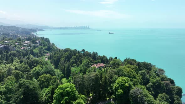 Aerial view of the Black sea coast. The Botanical Garden of Batumi, located at area of Green Cape