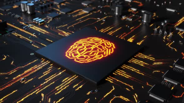 Central processor on a printed circuit board. sign on a brain