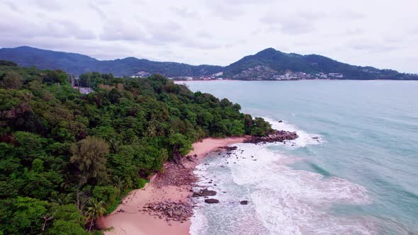 Aerial shot of tropical andaman seashore scenic off beautiful sea beach in phuket thailand