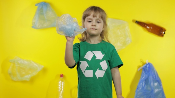 Girl Activist with Cellophane and Paper Packages. Reduce Plastic Pollution. Save Ecology Environment