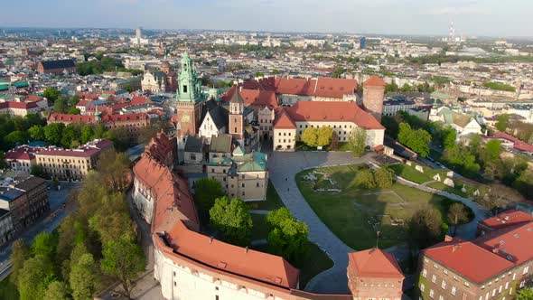 Aerial footage of Wawel Royal Castle in Cracow, Krakow, Poland, Polska