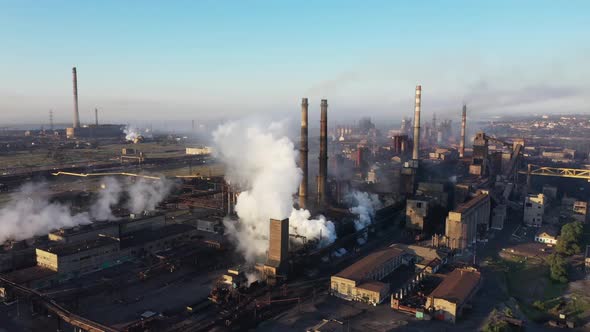 Smoke and soot from a steel mill. Aerial view