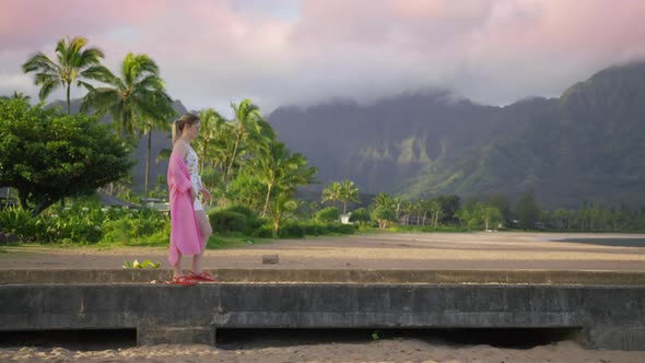 Woman Enjoying Cinematic Views Hawaii Island Landscape Outdoor Adventure Travel
