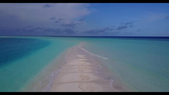 Aerial flying over seascape of exotic bay beach trip by blue lagoon and white sandy background of ad