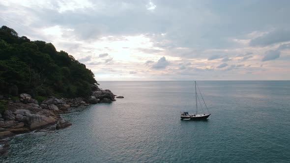 Summer Vaccation Aerial View of Yacht Sailing on Sea at Sunset Dron Footage