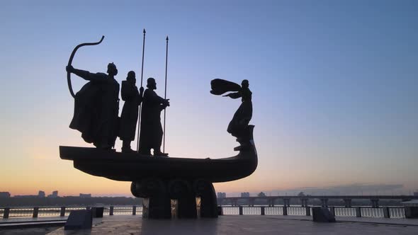 Symbol of Kyiv - a Monument To the Founders of the City in the Morning at Dawn. Ukraine. Aerial