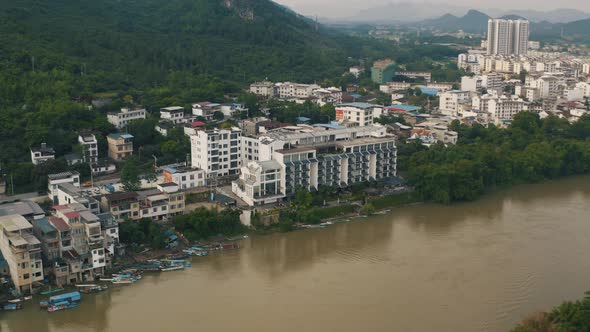 Flooded Coast of Li Jiang River in Guilin City, China, Drone View