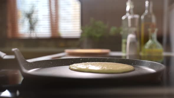 Homemade Pancake Cooking Process in a Frying Pan