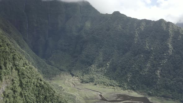 Aerial view of Grande Etang lake, Saint Benoit region, Reunion.