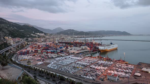 Salerno, Italy. Panoramic view at sunset on the Salerno Port and Container Terminal area. Timelapse.