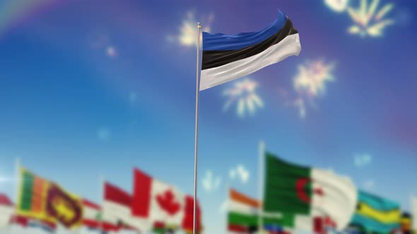 Estonia Flag With World Globe Flags And Fireworks 