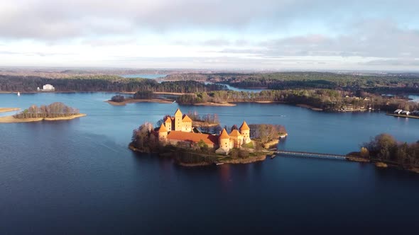 Trakai castle medieval gothic Island castle, located in the Galve lake. Aerial drone shot of the mos