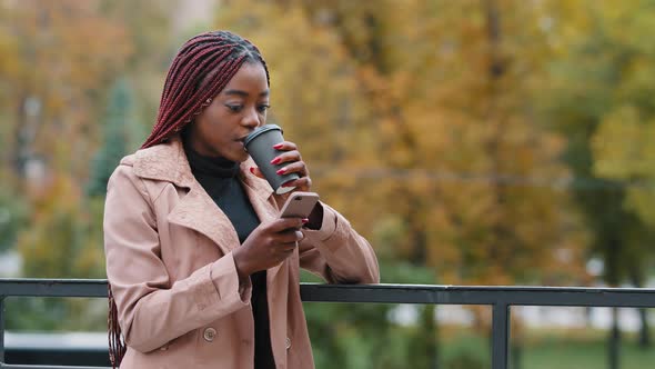 Beautiful Young African American Business Woman Office Worker Having Break Drinking Coffee Outdoor