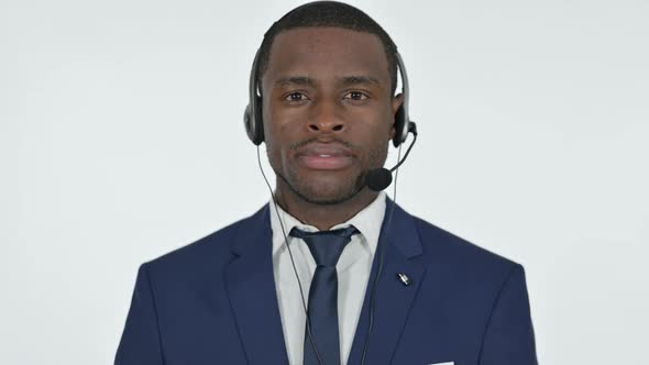 African Businessman with Headset for Call Center White Background